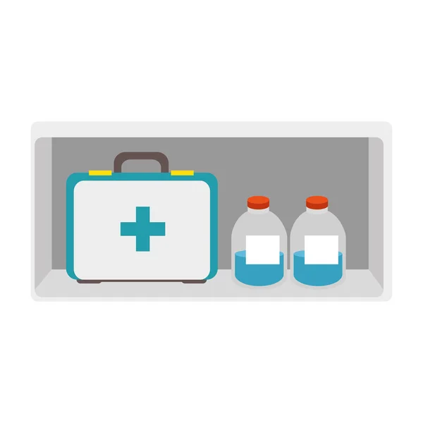 Étagère avec kit médical et bouteilles médicaments — Image vectorielle