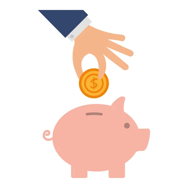 Włóż monetę do ręki w oszczędności Piggy — Wektor stockowy