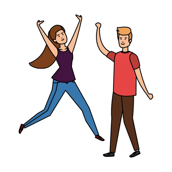 Giovane coppia celebrando personaggi avatar — Vettoriale Stock