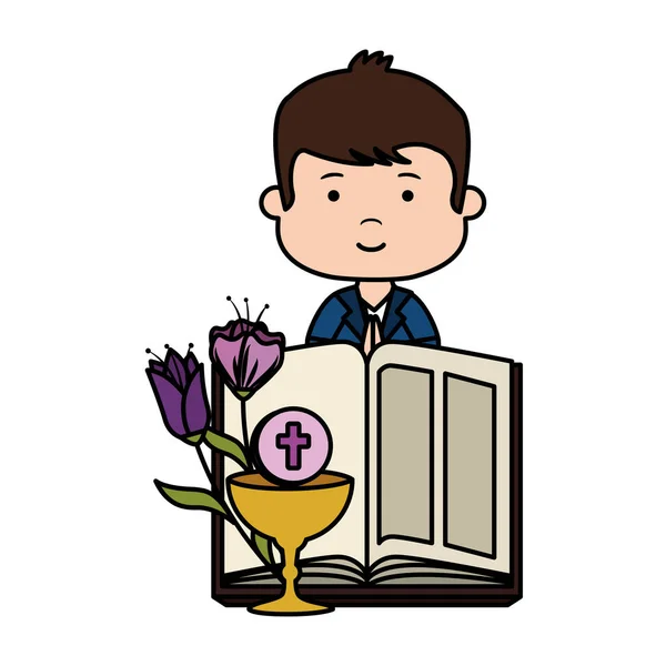 Malý chlapec s biblickou a květankým prvním komunikátním znakem — Stockový vektor