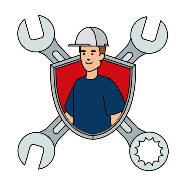 Trabalhador construtor com capacete e chaves no escudo — Vetor de Stock