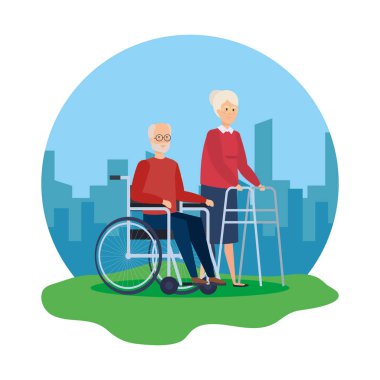 yürüteç ve tekerlekli sandalyede yaşlı adam ile yaşlı kadın