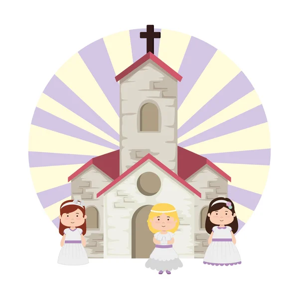 Kislányok a templomban első Közösség — Stock Vector