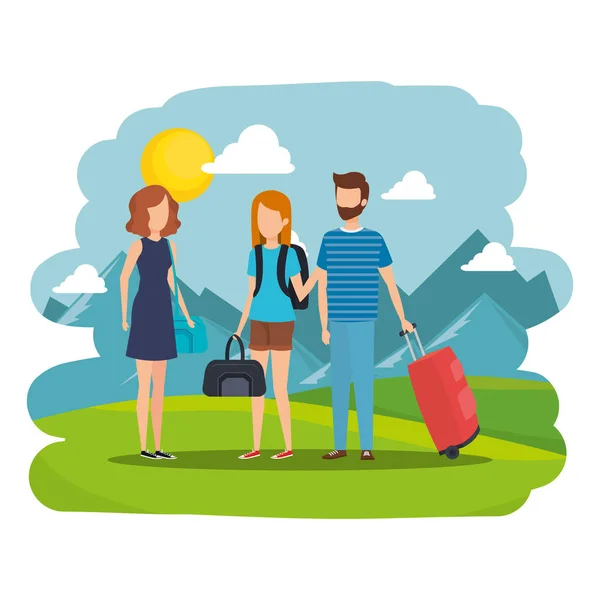 Young people with suitcases in the camp — Stock Vector