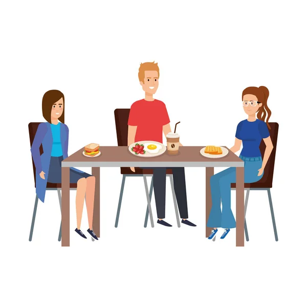Young people eating in table characters — Stock Vector