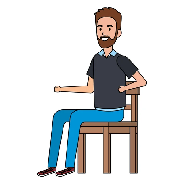 Νέος άντρας με γενειάδα καθισμένος σε ξύλινη καρέκλα — Διανυσματικό Αρχείο