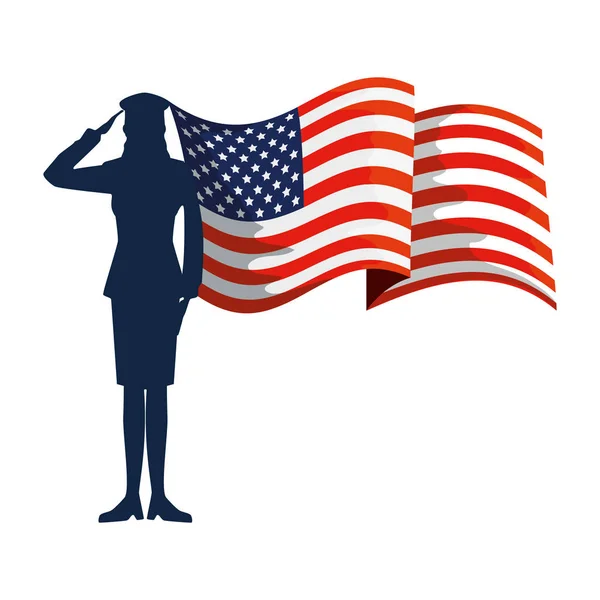 Militaire vrouw silhouet met USA vlag — Stockvector
