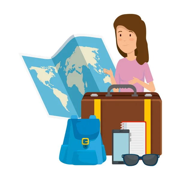 Tourist woman with paper map and travel icons — Stock Vector