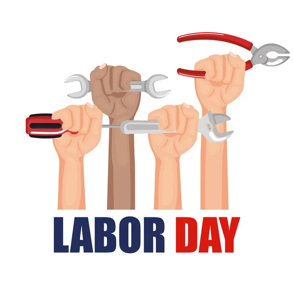 Labor day hands with fists raised tools — Stock Vector