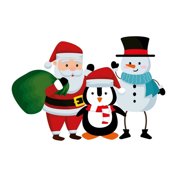 Père Noël avec bonhomme de neige et pingouin — Image vectorielle