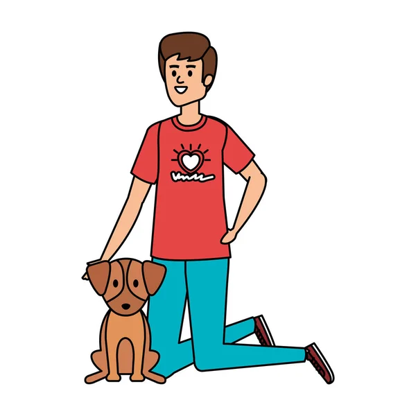 Jovem voluntário com cão bonito — Vetor de Stock