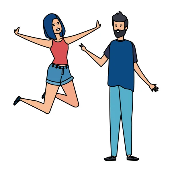 Pareja joven celebrando personajes de avatares — Vector de stock