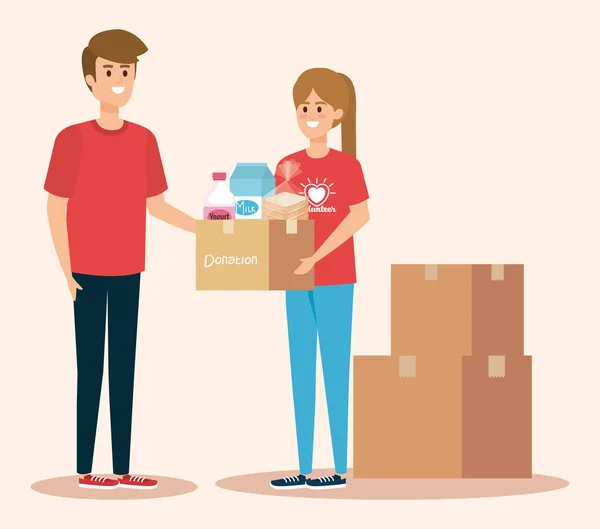 Boy and girl volunteers with boxes donation — Stock Vector