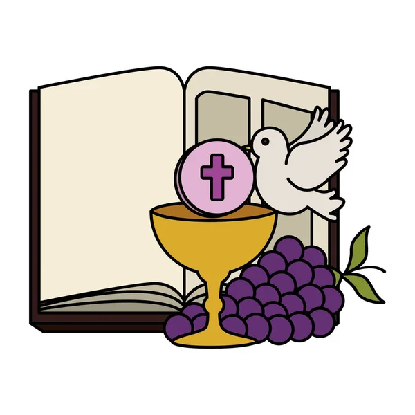 Holy bible with chalice and grapes — Stock Vector