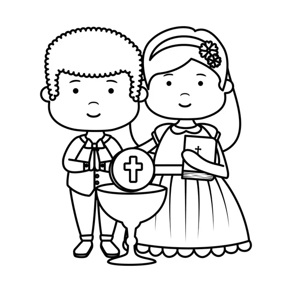 Little kids with chalice and bible first communion — Stock Vector