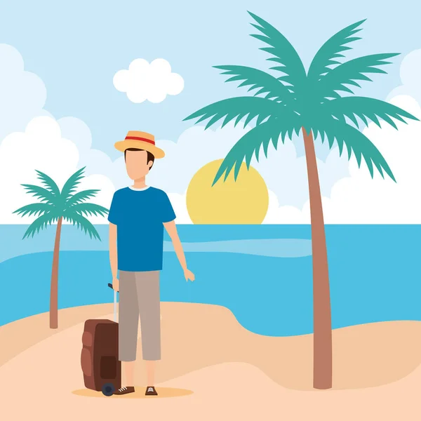 Joven con maleta en la playa — Vector de stock