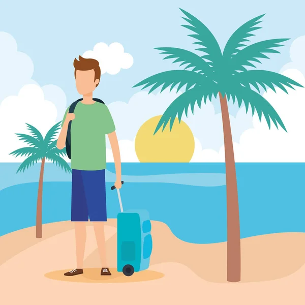 Young man with suitcase on the beach — Stock Vector