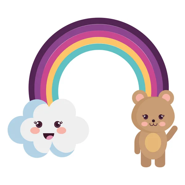 Schattig regenboog met wolk en Teddy kawaii personages — Stockvector