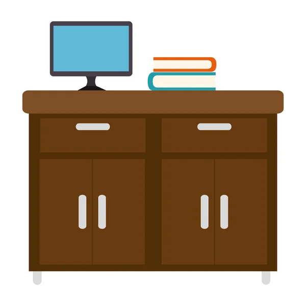 Cajón de madera de oficina con computadora y libros — Archivo Imágenes Vectoriales
