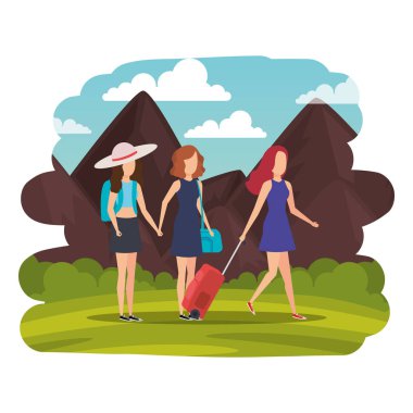 manzara üzerinde bavul ile turistler kızlar