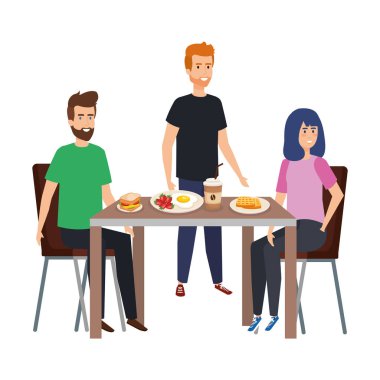 Masa karakterleriyle yemek yiyen gençler