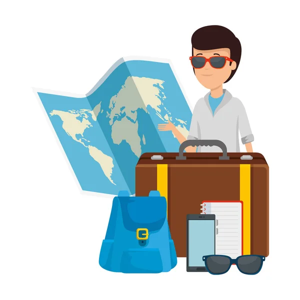 Turista con mapa de papel e iconos de viaje — Vector de stock