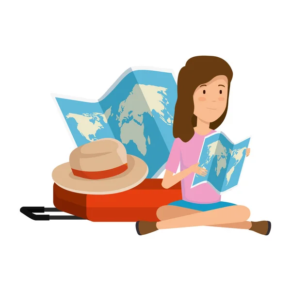 Turista con mapa de papel y maleta y sombrero — Vector de stock