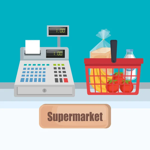 Supermarkt kassa met winkelmandje — Stockvector