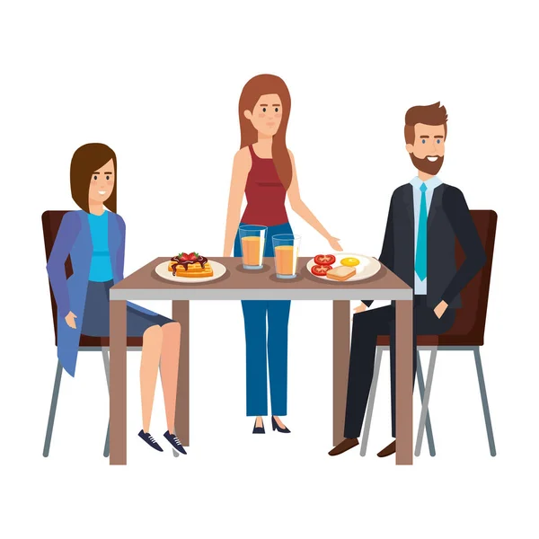 Young people eating in table characters — Stock Vector