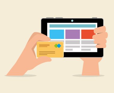 elektronik trablet teknolojisi ve kredi kartı ile eller