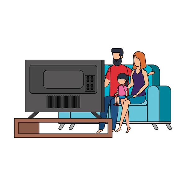 Parents couple with daughter waching tv — Stock Vector