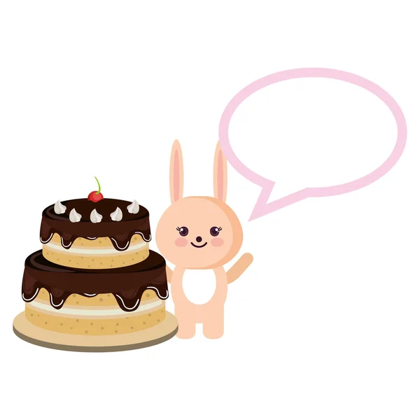 Coniglio con discorso bolla e torta kawaii — Vettoriale Stock