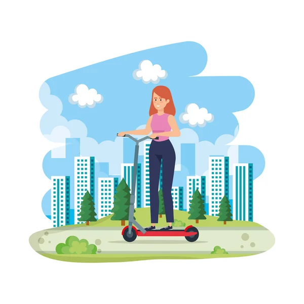 Young woman in folding scooter on landscape — Stock Vector