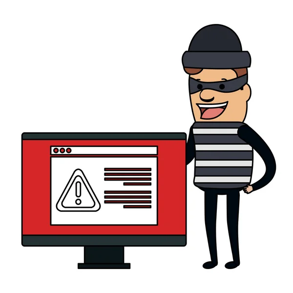 Bilgisayar uyarısı avatar karakteri ile hırsız kötü — Stok Vektör