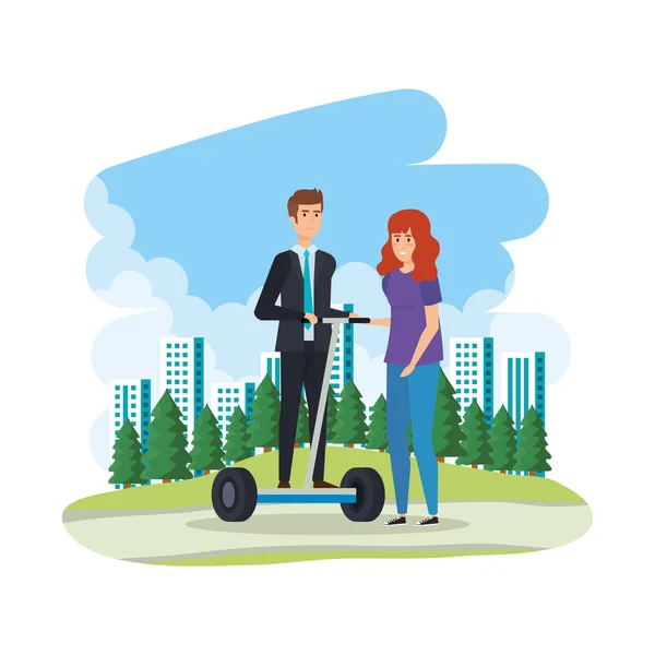 Young couple in folding e-scooter on landscape — Stock Vector