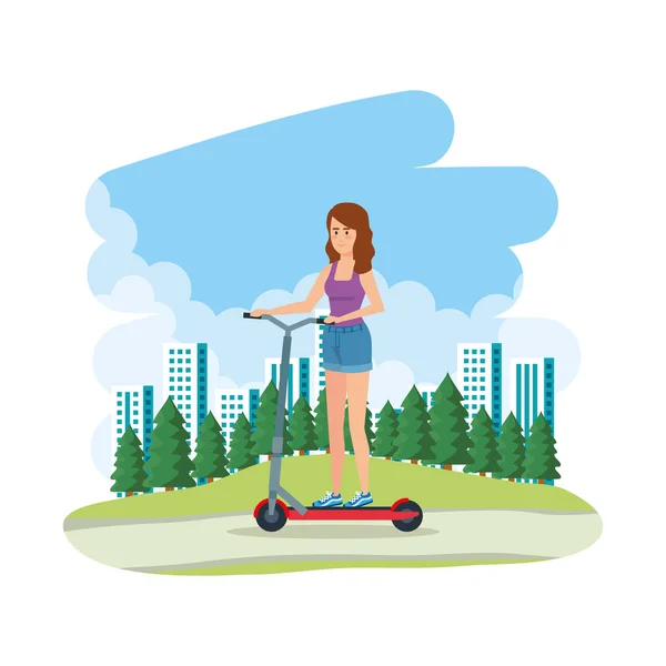 Молодая женщина в складной скутер на ландшафте — стоковый вектор