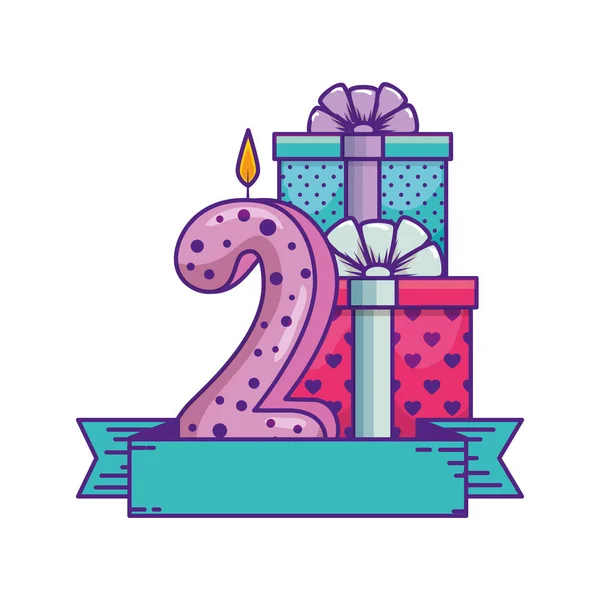 Gifts presents with number two candle birthday — Stock Vector