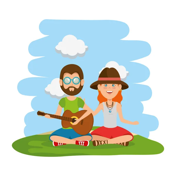 Hippies couple playing guitar in the field — Stock Vector