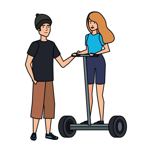 Pareja joven en e-scooter plegable — Archivo Imágenes Vectoriales