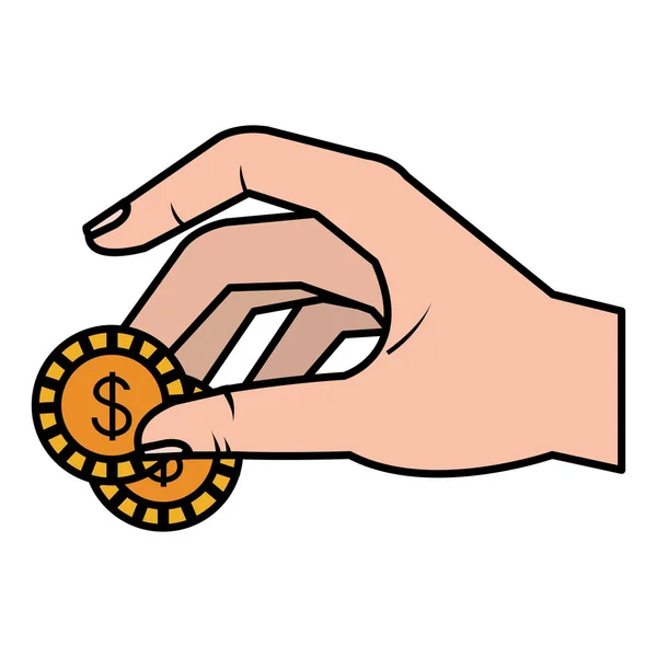 Hand met munt geld geïsoleerde pictogram — Stockvector