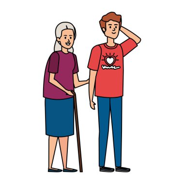 Genç adam büyükannesine yardım etmeye gönüllü.