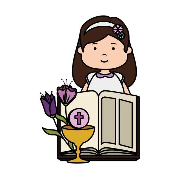 Little girl with bible and flowers first communion — Stock Vector