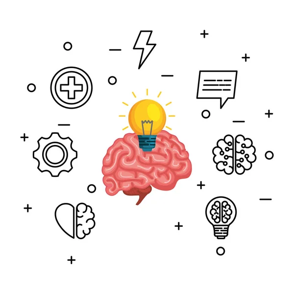 Cervello umano con lampadina e set icone — Vettoriale Stock