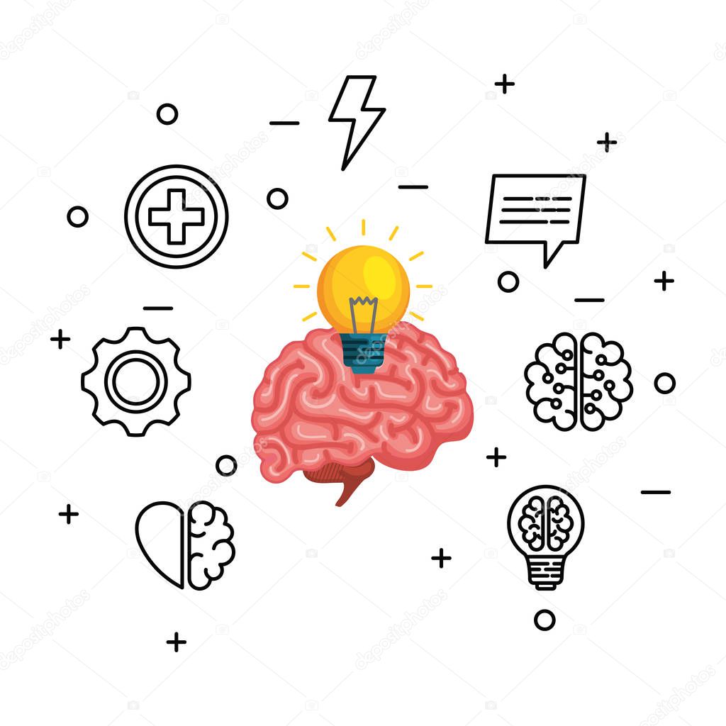 brain human with bulb and set icons