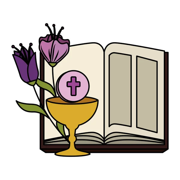 Santa Biblia con cáliz y flores — Vector de stock