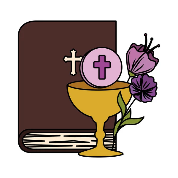Bíblia sagrada com cálice e flores —  Vetores de Stock