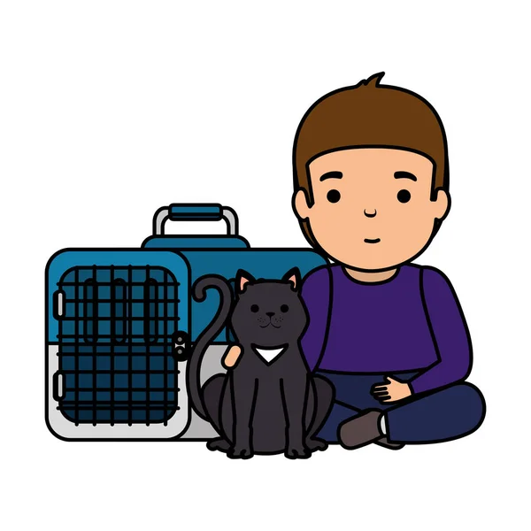 Menino bonito com gatinho em caixa de transporte — Vetor de Stock