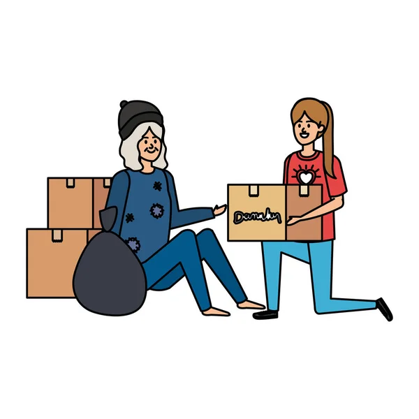 Жінка-доброволець дає коробку пожертвувань бездомній жінці — стоковий вектор