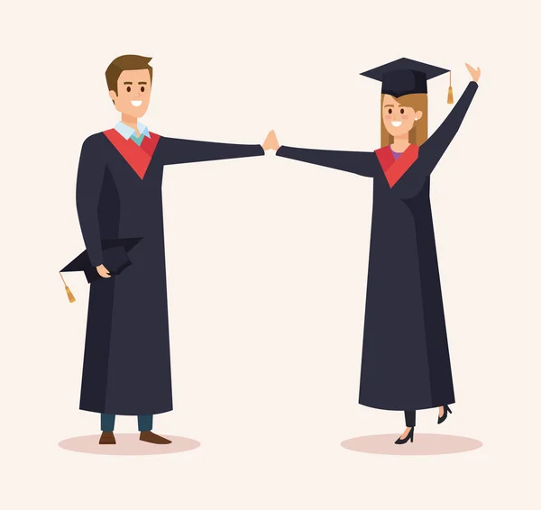 Ευτυχισμένος άντρας και γυναίκα αποφοίτηση μαζί φορώντας σχοινί — Διανυσματικό Αρχείο