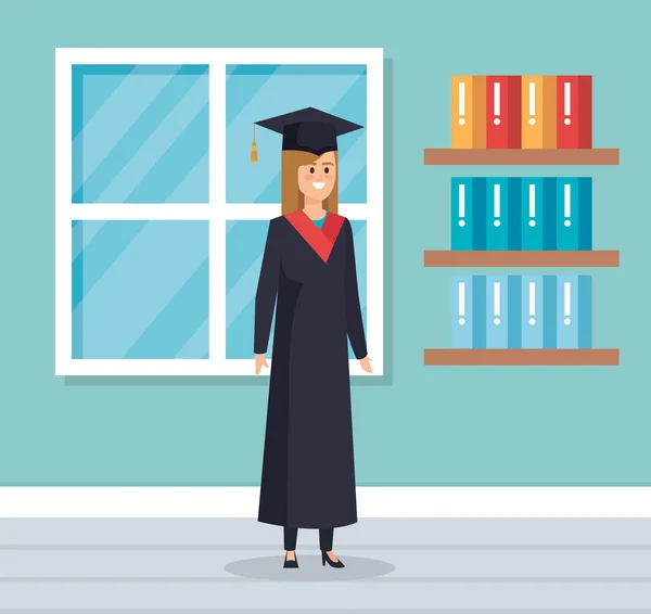 Woman graduation wearing rope and cap with bookcase — 스톡 벡터